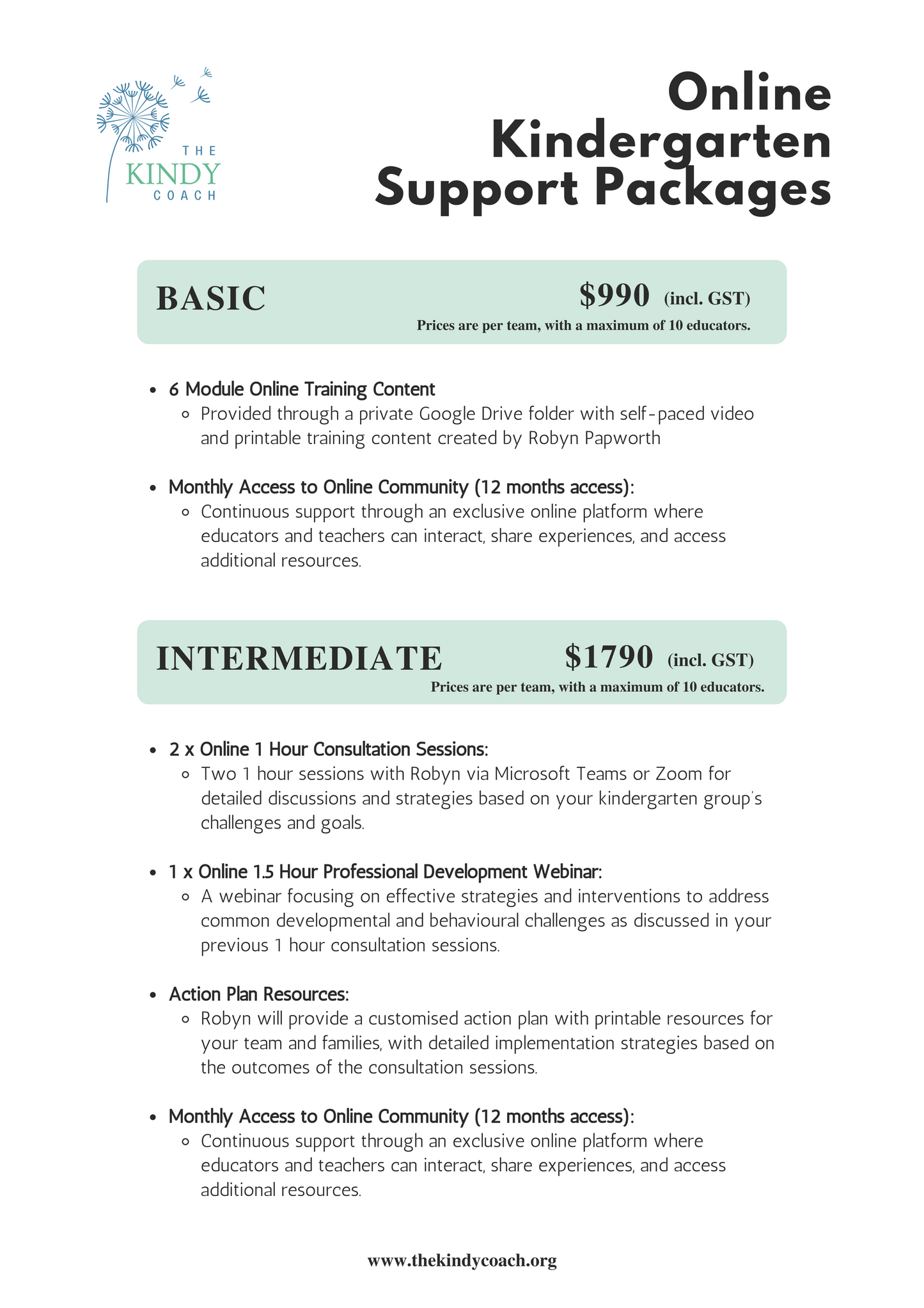 Online Kindergarten Support Packages